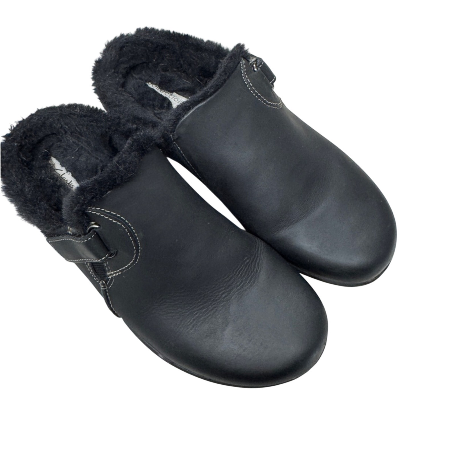Clarks Roseville Clog Black Leather Womens 9 Faux Fur Trim Casual Flats Comfort